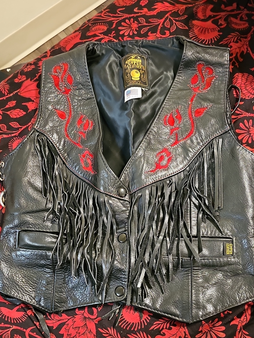 EUC 80s/90s Gypsy Leather Vest With Fringe - No Size, Red And Black